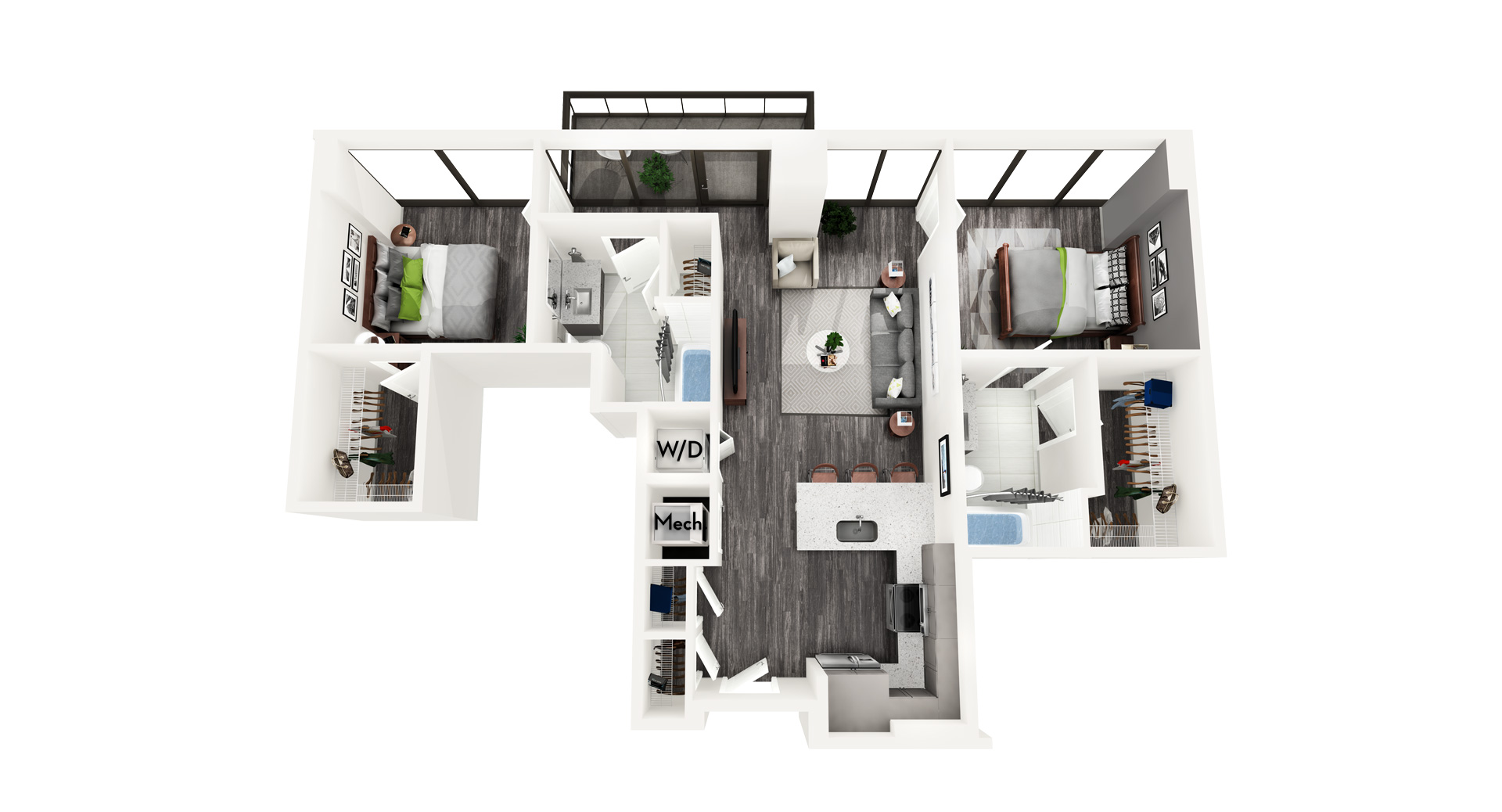 Floor plan for 2 beds, 2 baths, 957 sqft
