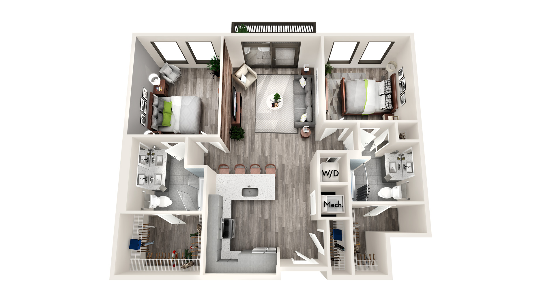 Floor plan for 2 beds, 2 baths, 1056 sqft