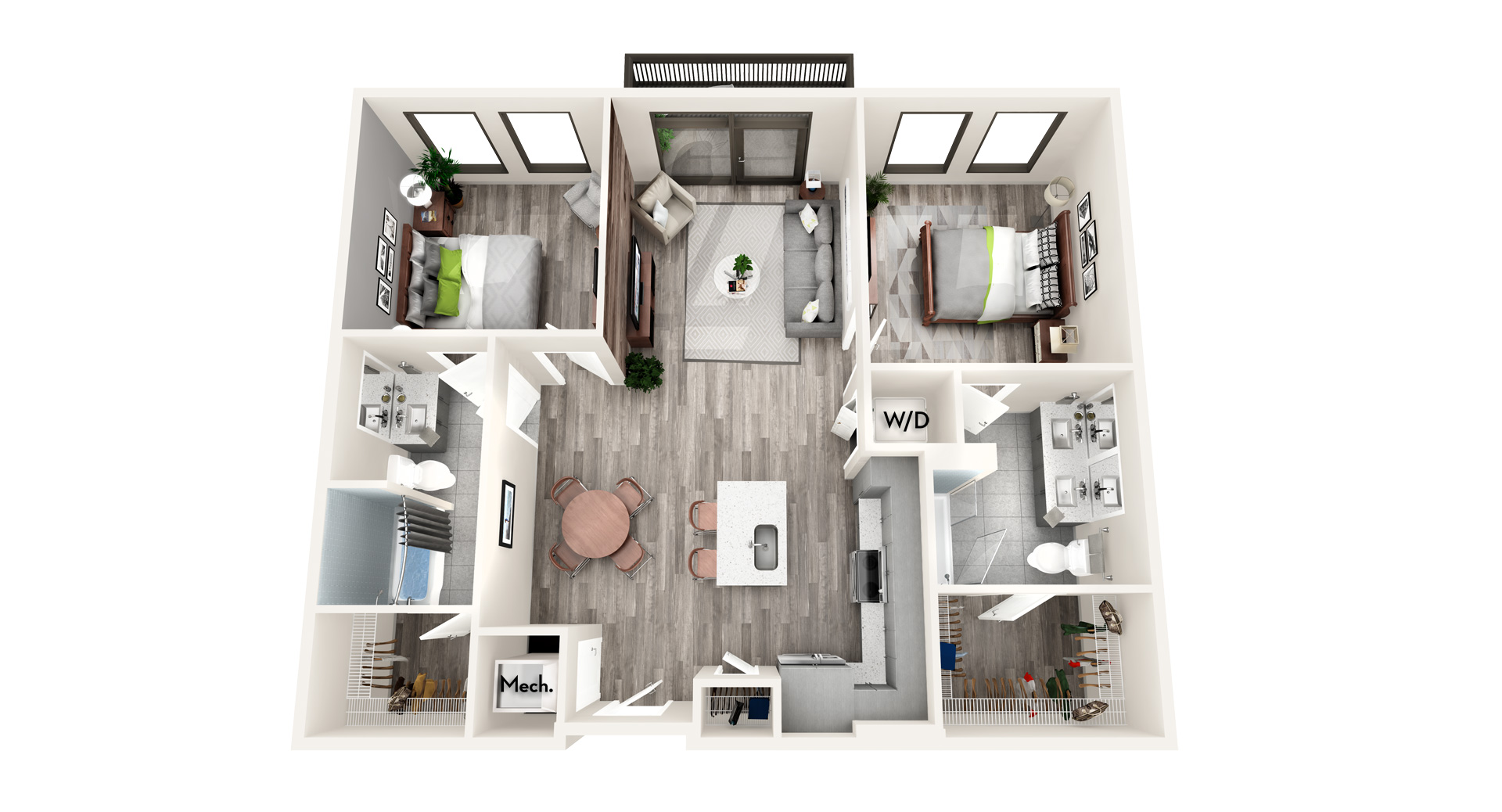 Floor plan for 2 beds, 2 baths, 1058 sqft