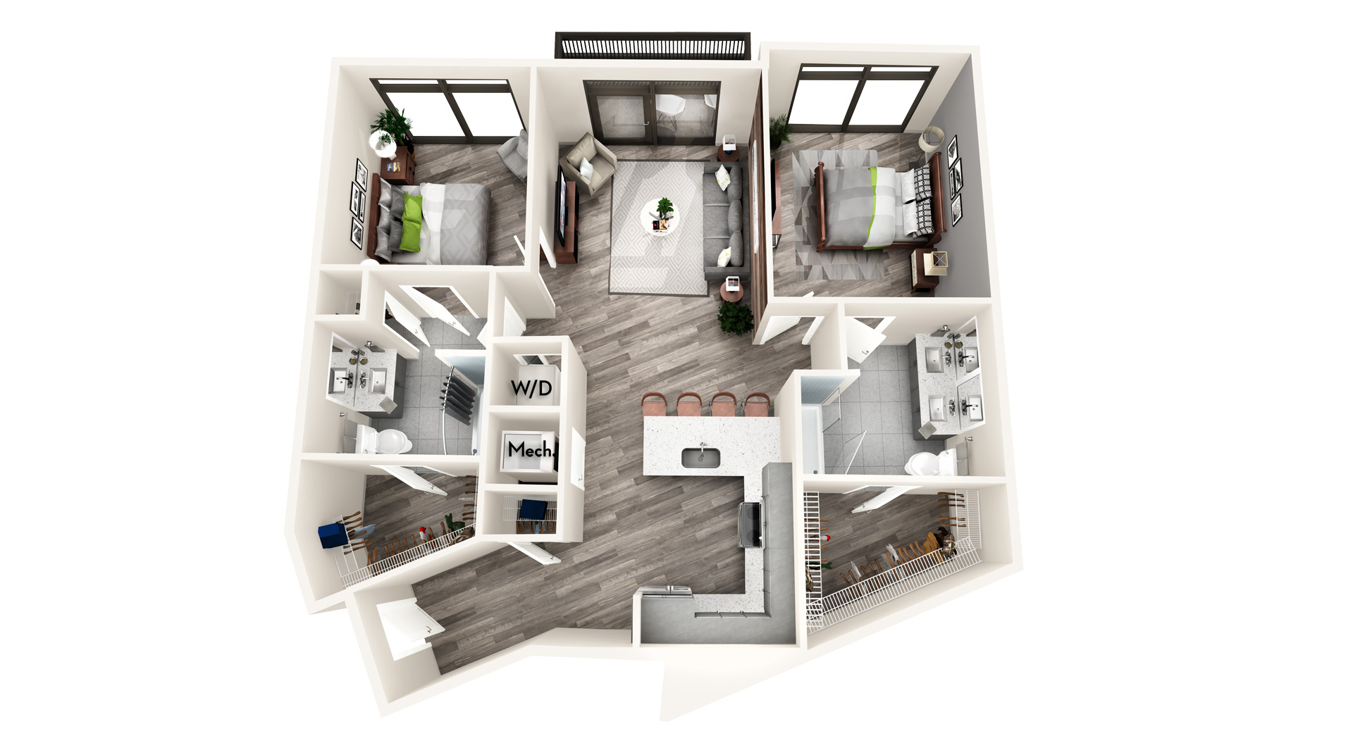Floor plan for 2 beds, 2 baths, 1142 sqft