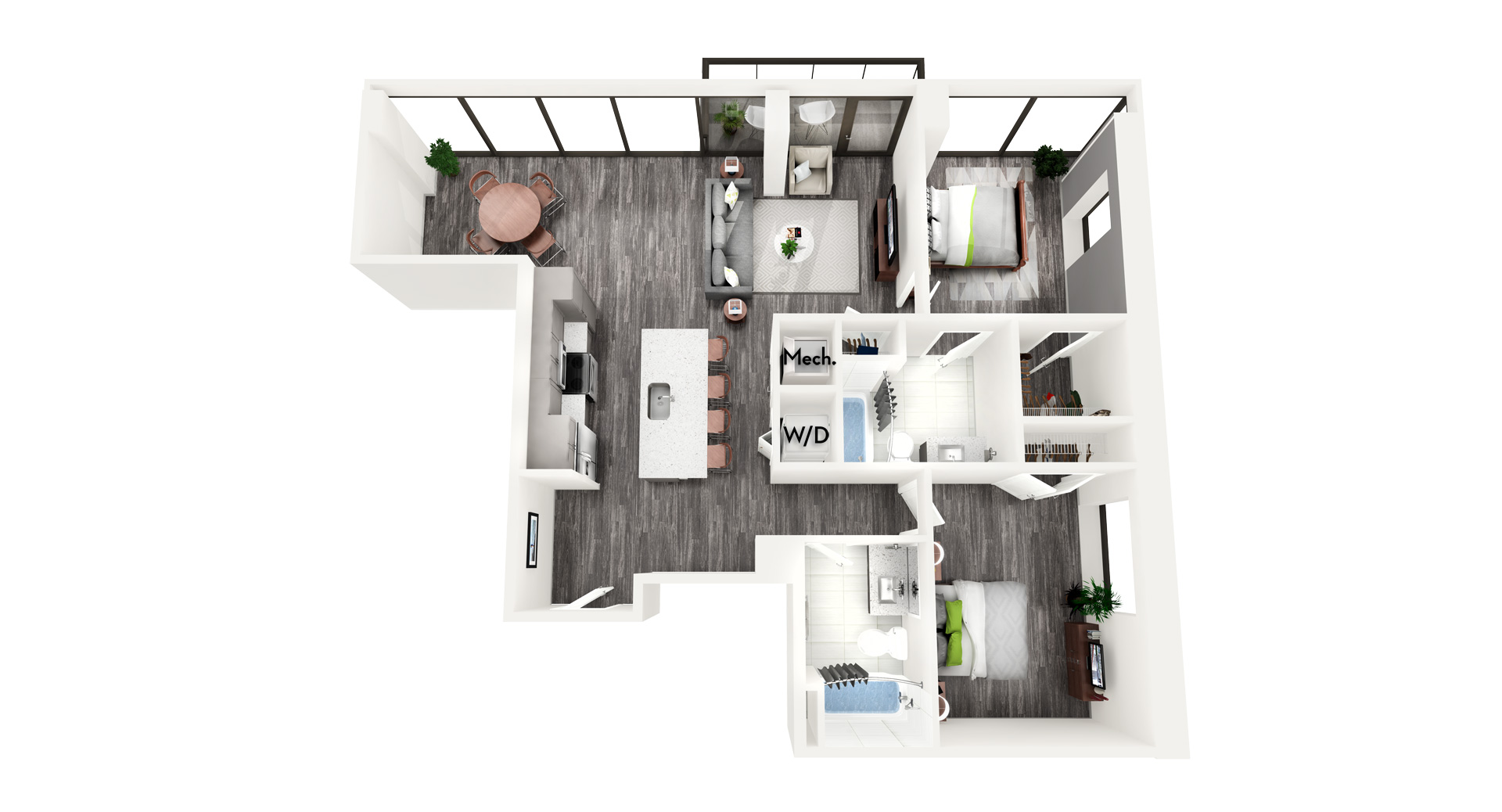 Floor plan for 2 beds, 2 baths, 1152 sqft