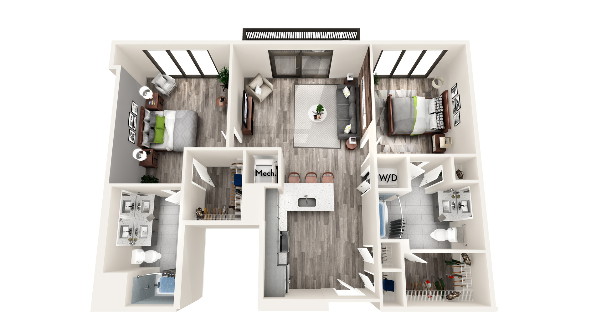 Floor plan for 2 beds, 2 baths, 1159 sqft