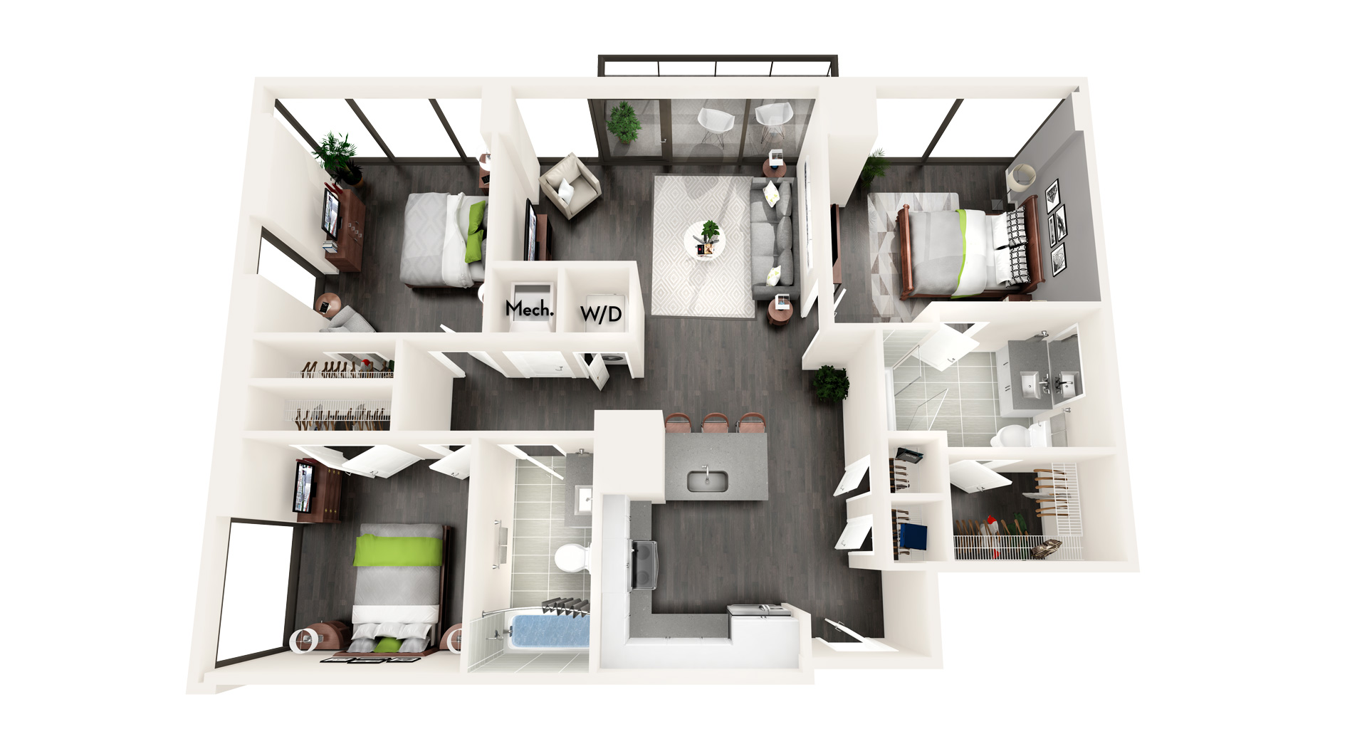 Floor plan for 3 beds, 2 baths, 1190 sqft