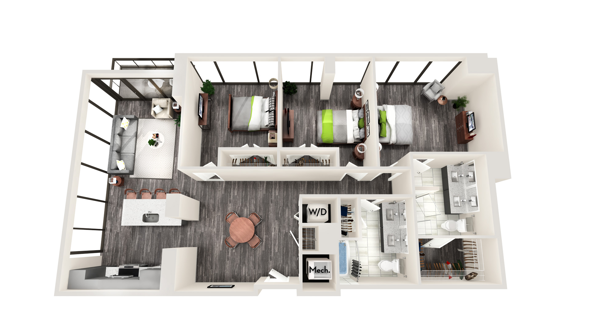 Floor plan for 3 beds, 2 baths, 1513 sqft