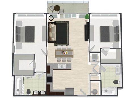 Floor plan for 2 beds, 2 baths, 1297 sqft