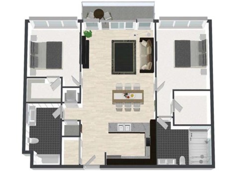 Floor plan for 2 beds, 2 baths, 1299 sqft