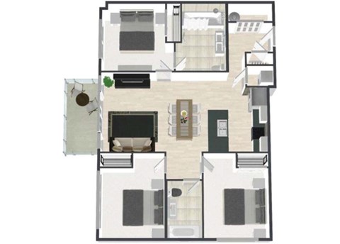 Floor plan for 3 beds, 2 baths, 1262 sqft