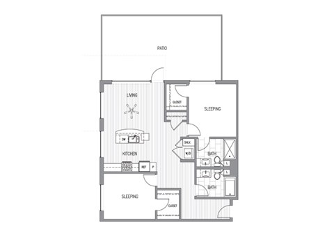 Floor plan for 2 beds, 2 baths, 1046 sqft