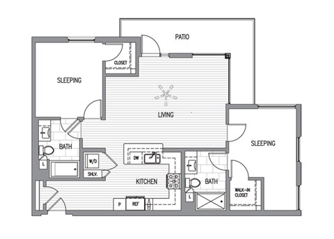 Floor plan for 2 beds, 2 baths, 1100 sqft