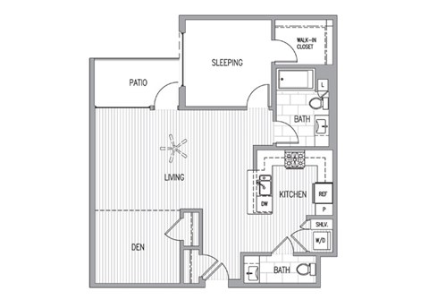Floor plan for 1 bed, 1 bath, 954 sqft
