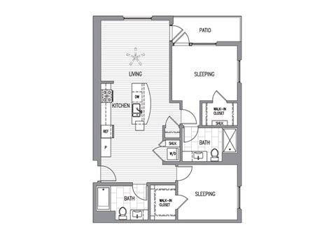 Floor plan for 2 beds, 2 baths, 1105 sqft