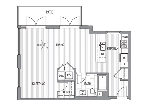 Floor plan for studio, 1 bath, 725 sqft
