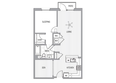 Floor plan for 1 bed, 1 bath, 880 sqft