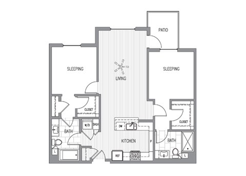 Floor plan for 2 beds, 2 baths, 1215 sqft
