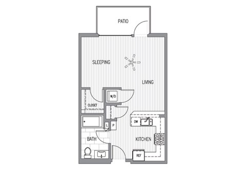 Floor plan for studio, 1 bath, 589 sqft