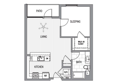 Floor plan for 1 bed, 1 bath, 668 sqft