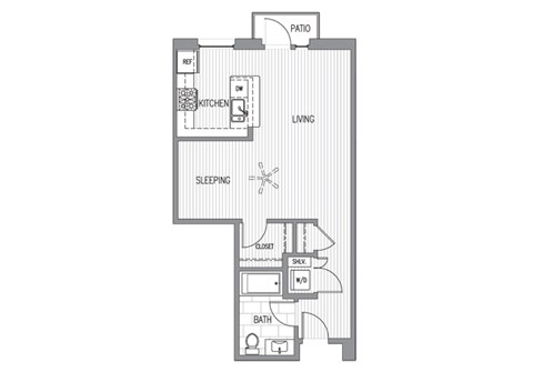 Floor plan for studio, 1 bath, 630 sqft