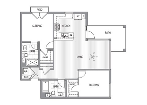 Floor plan for 2 beds, 2 baths, 1077 sqft