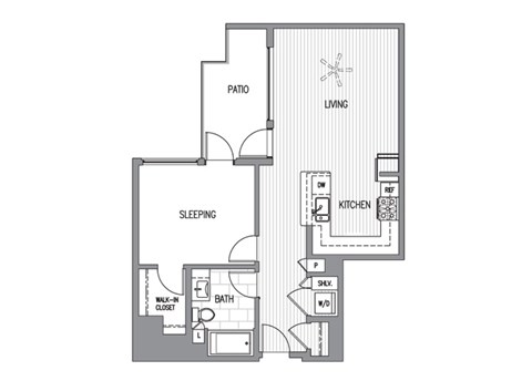 Floor plan for 1 bed, 1 bath, 821 sqft