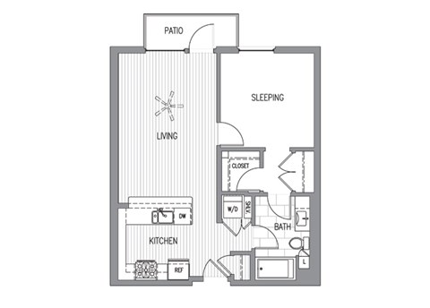 Floor plan for 1 bed, 1 bath, 705 sqft