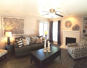 Corpus Christi apartment for rent - A living room with a grey couch, a black coffee table, and a fireplace.