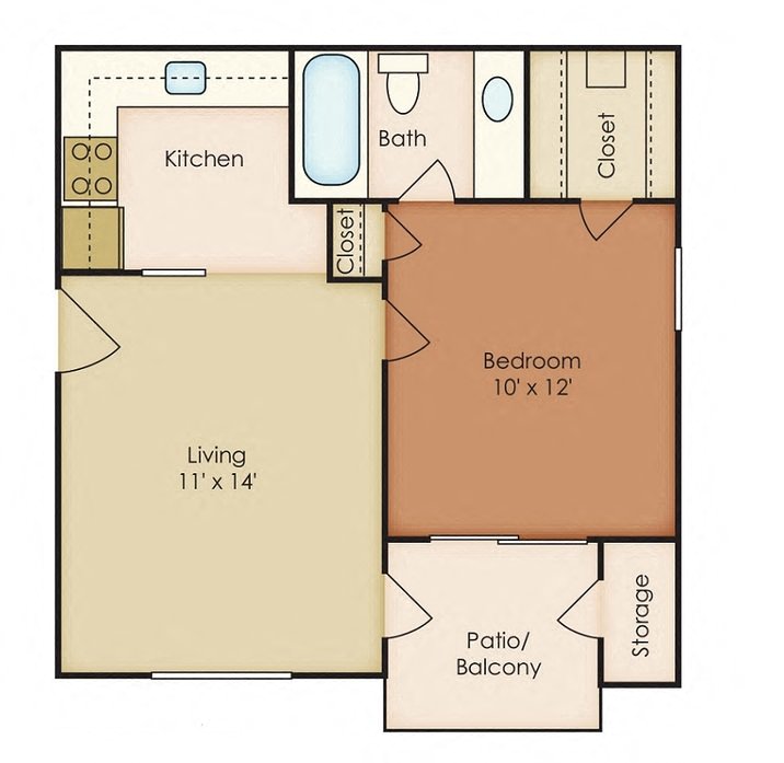 Floor plan for 1 bed, 1 bath, 524 sqft