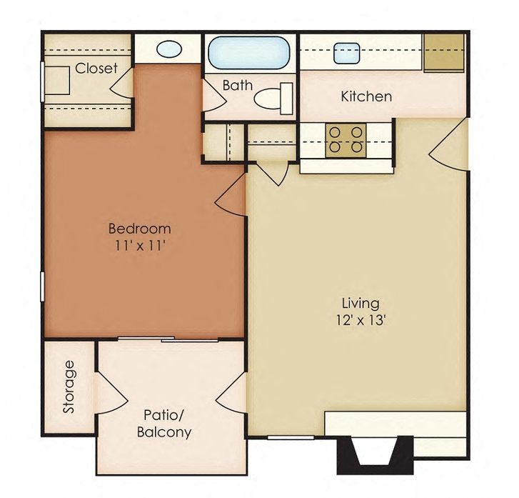 Floor plan for 1 bed, 1 bath, 576 sqft