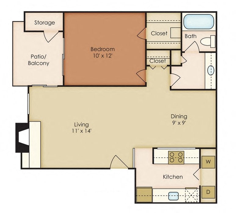 Floor plan for 1 bed, 1 bath, 763 sqft