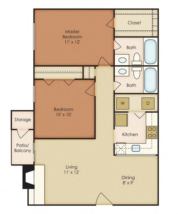 Floor plan for 2 beds, 2 baths, 935 sqft