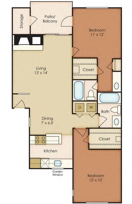 Floor plan for 2 beds, 2 baths, 1035 sqft