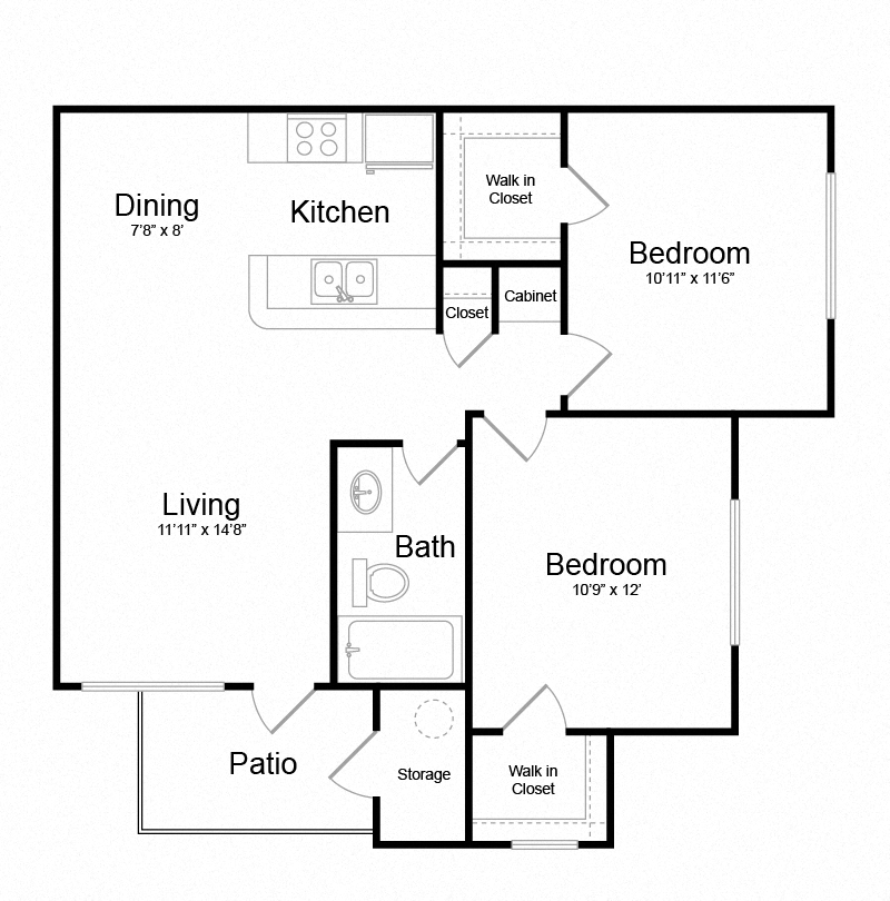 Floor plan for 2 beds, 1 bath, 764 sqft