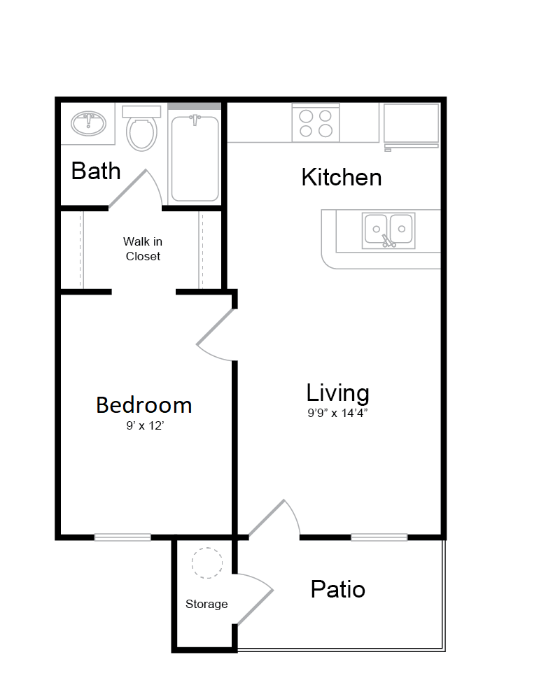 Floor plan for 1 bed, 1 bath, 460 sqft