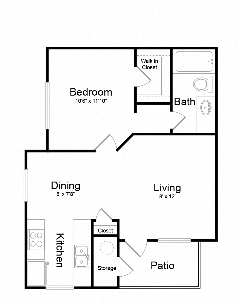 Floor plan for 1 bed, 1 bath, 571 sqft