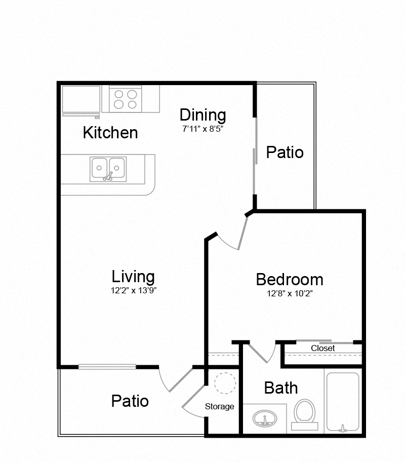 Floor plan for 1 bed, 1 bath, 571 sqft