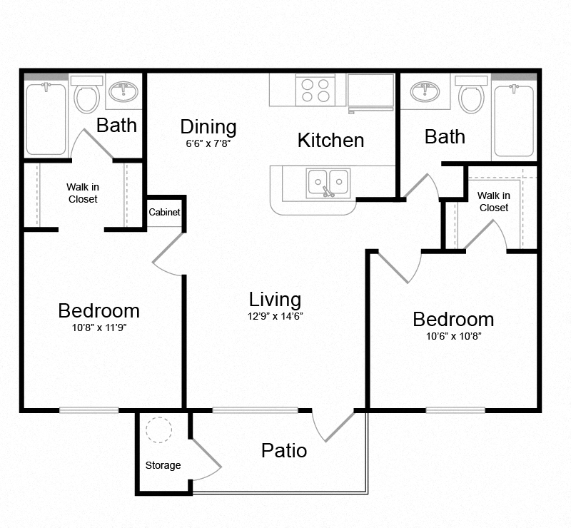 Floor plan for 2 beds, 2 baths, 828 sqft