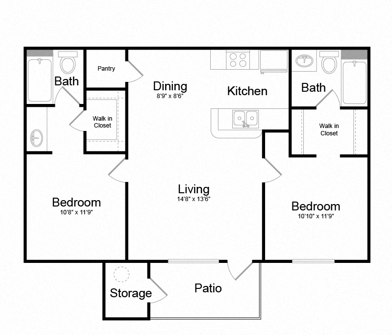 Floor plan for 2 beds, 2 baths, 875 sqft