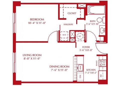 Floor plan for 1 bed, 1 bath, 570 sqft