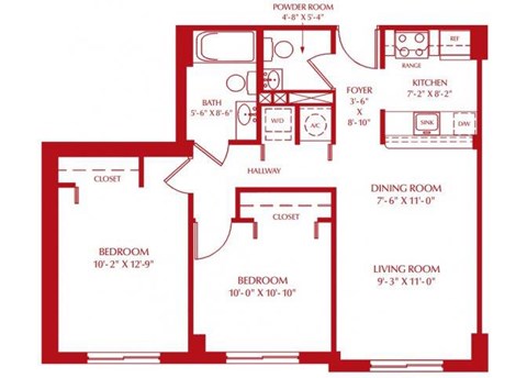 Floor plan for 2 beds, 1.5 baths, 742 sqft