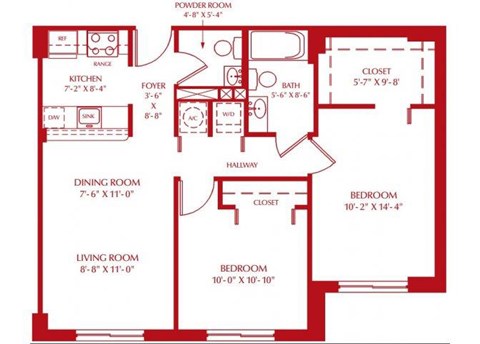 Floor plan for 2 beds, 1.5 baths, 742 sqft