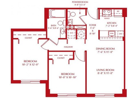 Floor plan for 2 beds, 1.5 baths, 742 sqft