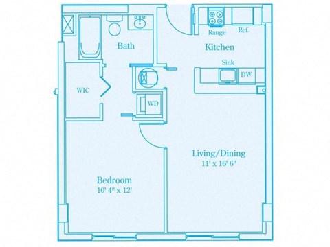 Floor plan for 1 bed, 1 bath, 565 sqft