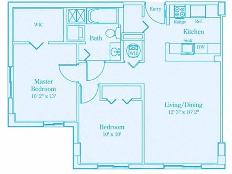 Floor plan for 2 beds, 1 bath, 805 sqft