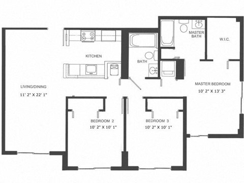 Floor plan for 3 beds, 2 baths, 832 sqft