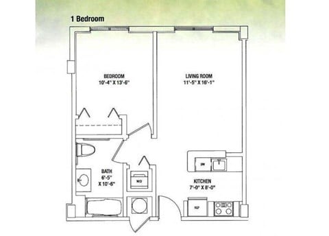 Floor plan for 1 bed, 1 bath, 528 sqft