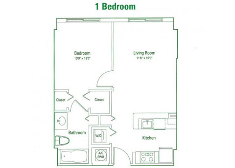 Floor plan for 1 bed, 1 bath, 509 sqft