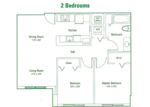 Floor plan for 2 beds, 1 bath, 755 sqft