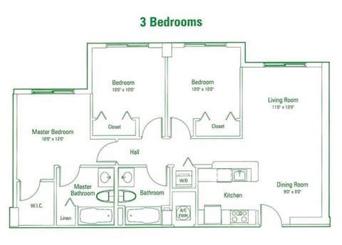 Floor plan for 3 beds, 2 baths, 955 sqft