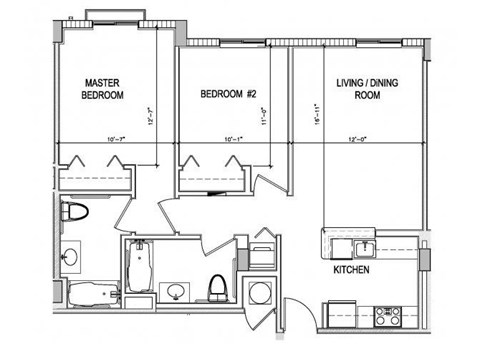 Floor plan for 2 beds, 2 baths, 752 sqft