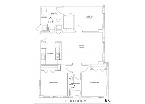 Floor plan for 3 beds, 2 baths, 1044 sqft