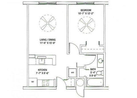Floor plan for 1 bed, 1 bath, 551 sqft